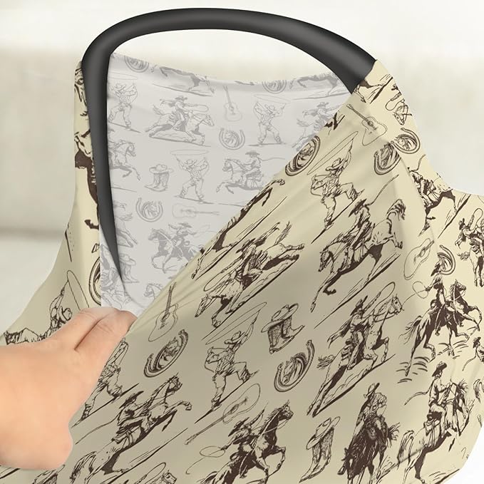 Vintage Cowboy Car Seat Cover for Baby Western Horses Boots Hats Guitar Stretchy 5-in-1 Covers Adjustable Car Canopy Breastfeeding Cover Country Western Breathable Nursing Cover-Up