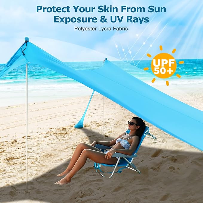 COMMOUDS Beach Tent Sun Shelter - UPF50+ Pop Up Beach Canopy with Sandbags & Sand Shovel & Windproof Poles, Portable Sun Shade for Beach, Camping, Picnics, Backyard