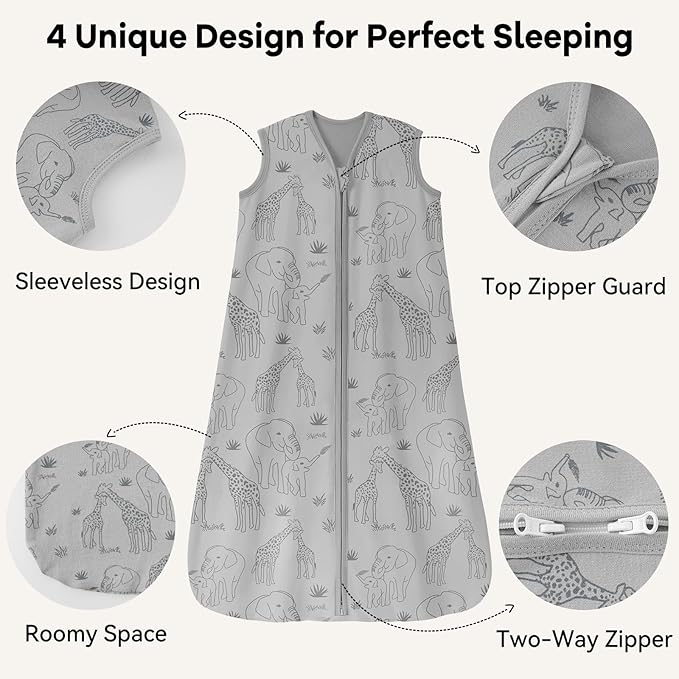 Baby Sleep Sack 18-24 Months 0.5 Tog Wearable Blanket Baby, 3 Pack 100% Cotton Lightweight Sleeping Sack with 2-Way Zipper for Infant Toddler Apricot Gray Green Elephant