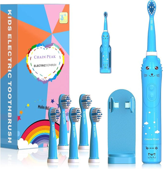 Kids Sonic Electric Toothbrush, Rechargeable Smart Toothbrush for Children Toothbrush for Toddlers Boys Girls Age 3-12 with 30s Reminder, 2 Mins Timer, 6 Modes, 6 Brush Heads, Wall-Mounted Holder