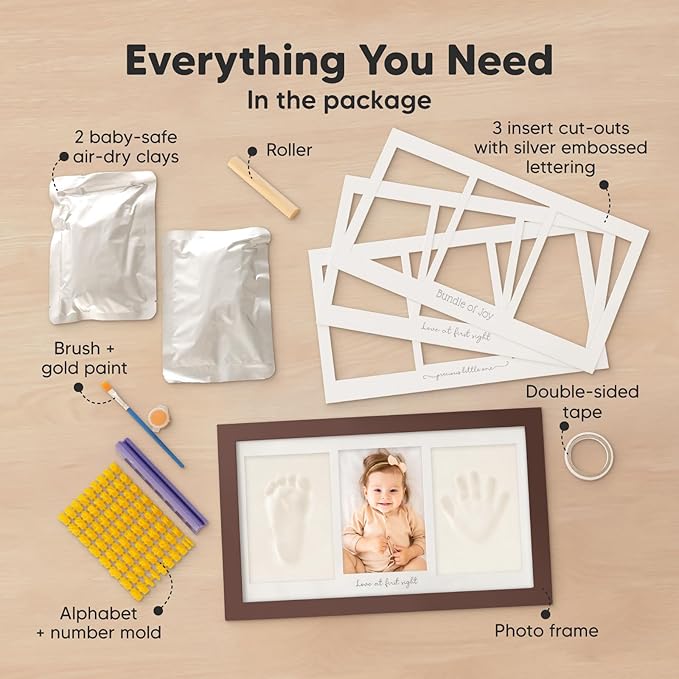 Baby Hand and Footprint Kit - Clay Handprint Keepsake Frame, Newborn Nursery Picture Frame, Personalized New Mom Gifts for Baby Shower & Registry (Cedar)