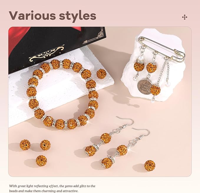 200pcs 10mm Rhinestone Beads for Jewelry Making, Golden Shiny Round Disco Ball Beads Bulk, Sparkle Crystal Clay Christmas for Bracelet Baseball Necklace Earring Crafting and DIY