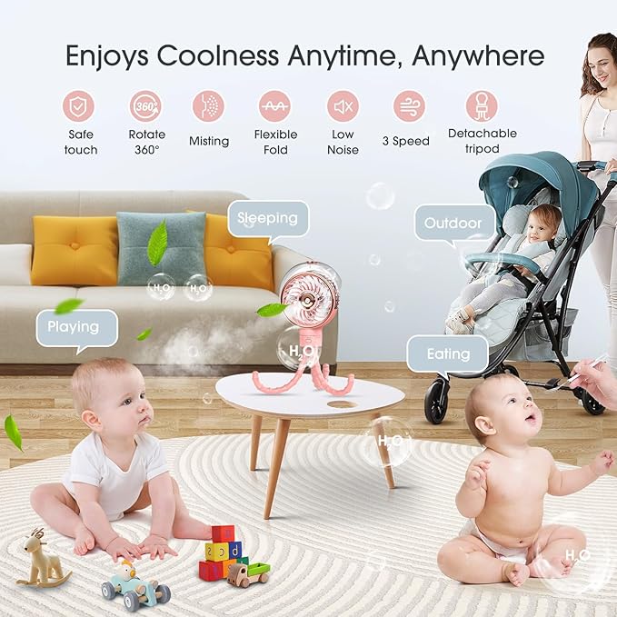 Ausic Stroller Fan with Mist, 100ml Misting Portable Fan for Stroller, Baby Fans with Detachable Tripod, Baby Essentials, Clip on Fans for Crib, Treadmill, Car Seat, Outdoor