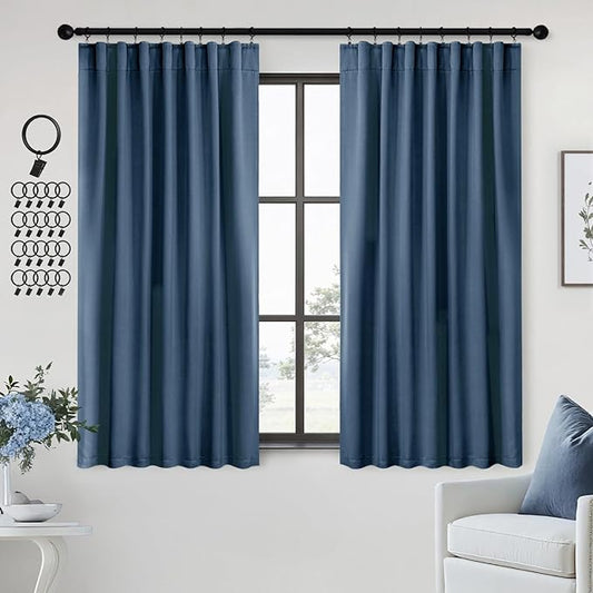 ANRODUO Back Tab Blackout Curtains for Bedroom Living Room, Rod Pocket Pinch Pleated Thermal Insulated Room Darkening Curtains 63 Inches Long 2 Panels, Stone Blue, 42 x 63 Inch