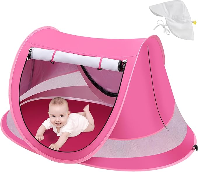 Baby Beach Tent with Baby Hat, Pop Up Toddler Travel Bed with Sun Hat for Boys or Girls, Sun Shade for Toddler Camping, Infant Portable Sun Shade, Summer Beach Baby