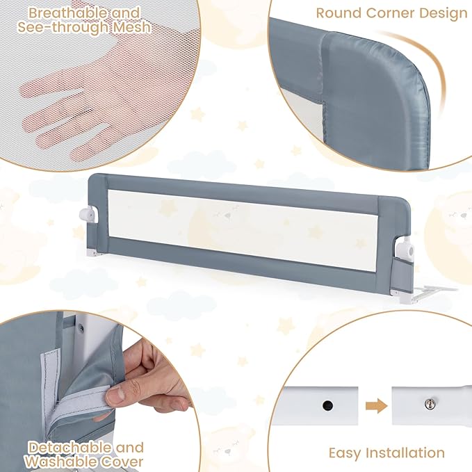 HONEY JOY Bed Rail for Toddlers, Extra Long, Foldable Portable Swing Down Safety Bed Guard Rail, Toddler Bed Rails for Crib, King Queen Full Twin Size Bed Mattress (Light Gray, 1 Pack, 71 Inch)