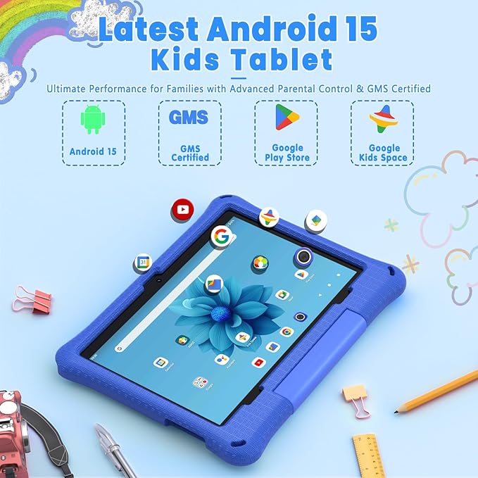 Kids Tablet, 10.1 Inch Android 15 Tablet for Kids, 12GB+64GB, Octa-Core, 6000mAh Battery, WiFi 6, Pre-Installed Kids Apps, Parental Control, ABCmouse for 30-Days Free, with EVA Protective Case (Blue)