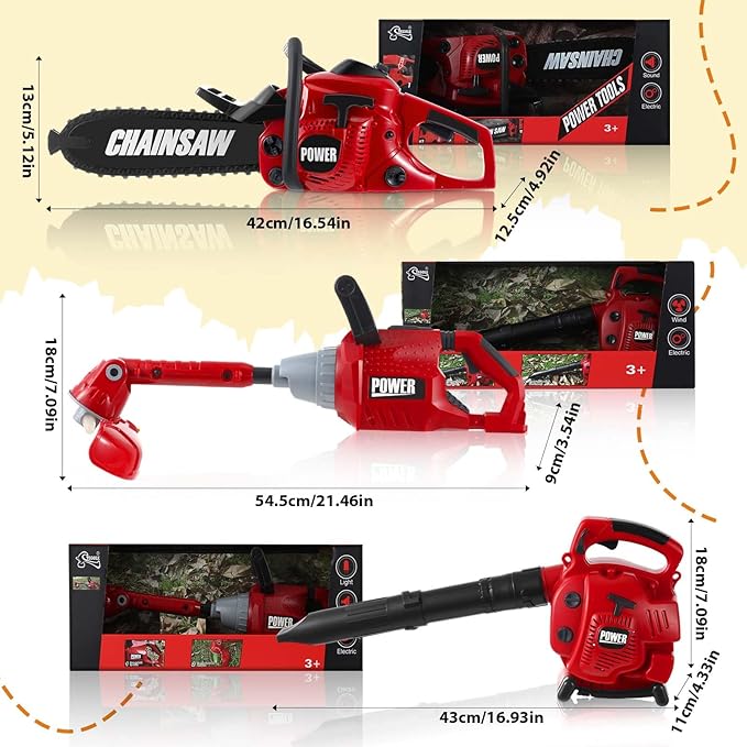 3 Pcs Toy Gardening Tool Set for Kids Toy Leaf Blower Weed Trimmer Chainsaw Pretend Play Set with Lights and Sounds Birthday for Boys Girls