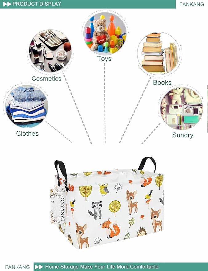 FANKANG Storage Bins, Nursery Hamper Canvas Laundry Basket Foldable with Waterproof PE Coating Large Storage Baskets for Kids Boys and Girls, Office, Bedroom, Clothes,Toys(Rec-deer）
