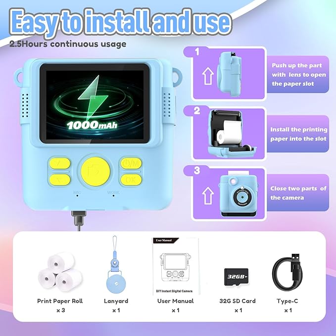 Kids Camera Instant Print, Christmas Birthday Gifts for Kids Age 3-12, Selfie Digital Camera with 1080P Videos,Toddler Portable Travel Cameras Toy for 4 5 6 7 8 9 Year Old Boys Girls-Blue