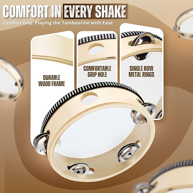 Flexzion Wooden Round Tambourine for Kids and Adults 6" Inch Single Row 8 Pair Jingles, Wood Handheld Percussion Instrument for Beginner and Professional Tambourine Player