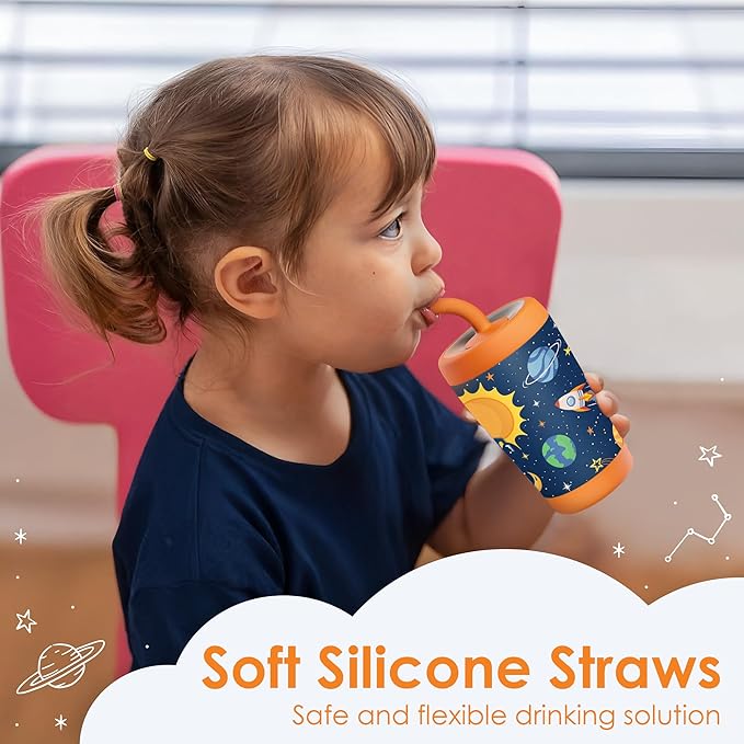 Kid Insulated Stainless Steel Tumbler with Silicone Straw, 12oz Sippy Cup for Kids (Outer Space)