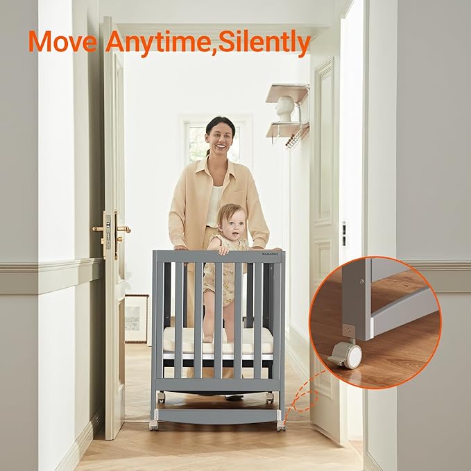 EvoNest Baby Crib, 11 in 1 Convertible Mini Crib with Wheels, 100% New Zealand Wood Growing Bed, 4 Adjustable Mattress Height,Grey