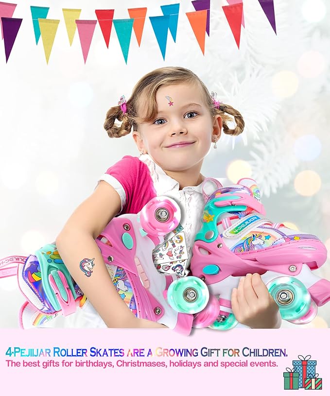 4-Pejiijar Rainbow Unicorn Kids Roller Skates for Girls Toddler Ages 2-4 5-8 8-12,Adjustable Roller Shoes with Luminous Wheels for Birthday Xmas Gifts