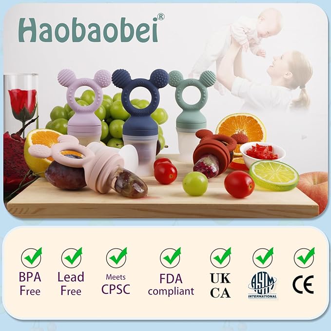 Baby Fruit Feeder, Frozen Teething Toys for Babies, Teether Pacifier with 3 Extra Teats, Eating Essentials, BPA Free Baby Feeding Supplies (Copper)