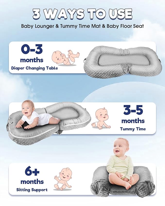Baby Lounger Pillow : 3-in-1 Infant Lounger for Newborn 0-24 Months, Portable Tummy Time Mat for Home and Travel, Breathable & Soft Baby Seat for Baby, Babies Essentials Gifts, Grey
