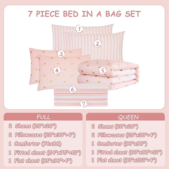 Full Size Comforter Sets with Sheets for Girls-7 Pieces Full Size Bedding Sets with Pink Comforter, Sheets, Pillowcases & Shams for Kids (Pink Gold Heart, 76" X 86")