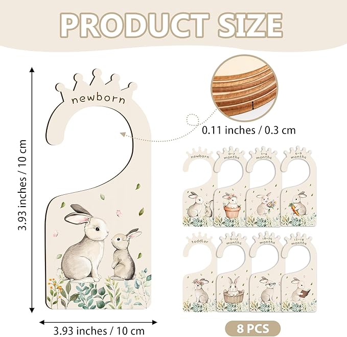 Baby Clothes Dividers for Closet - Set of 8 Wooden Baby Size Closet Dividers Newborn to 24 Months, Rabbits Babies Clothes Organizer for Boys Girl Nursery Decor Gender-Neutral Newborn Hangers Dividers