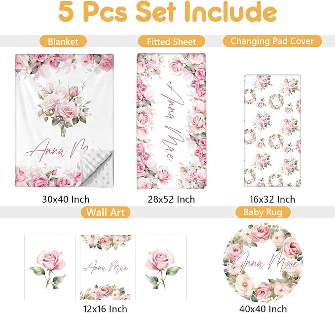 Custom Crib Bedding Set - 5 Pcs Personalized Name Pink Flowers Baby Crib Set for Infant Toddler Girl - Comfortable Double Layer Nursery Bedding Set - Customized Present for Birthday Baby Shower