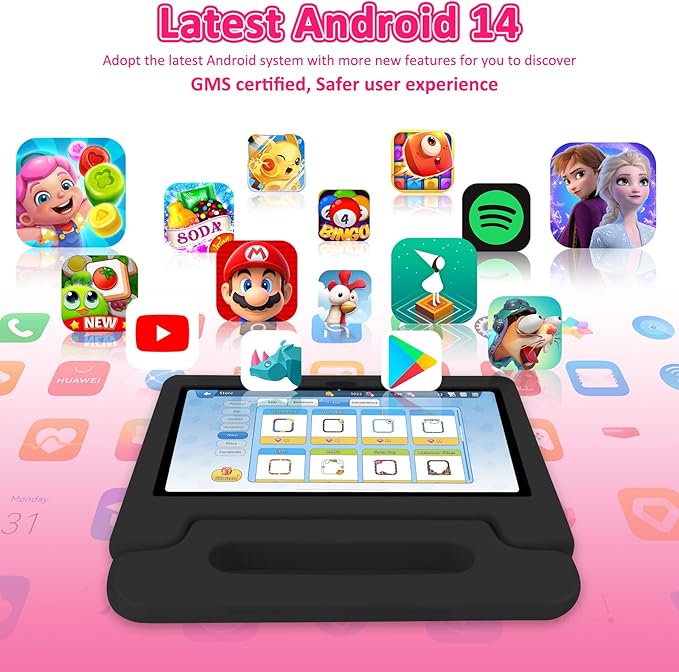 Kids Tablet, 10.1 inch IPS HD Touchscreen Android 14 64 GB Storage, 8GB RAM, Octa Core Tablet for Kid with Kid-Proof Case, Parental Controls, 12-hr Battery, WiFi, GPS – Black