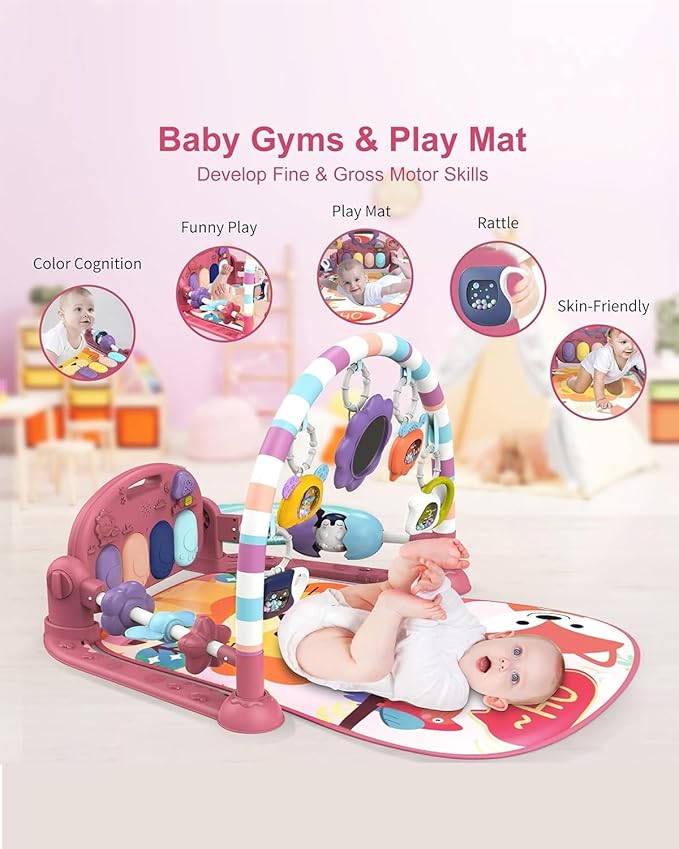 Dearlomum Play Mat and Gym - Piano Tummy Time Activity Mat With 5 Sensory Toys, Music and Lights - Gifts for Newborn 0 to 12 Months (New Pink)