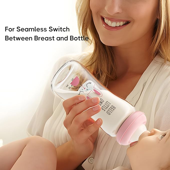 YOHKOH Natural Glass Baby Bottle with Natural Response Nipple, Newborn Anti-Colic Baby Bottles, Wide Neck Mushroom Cap Baby Bottle, Clear ((8.8oz (Pack of 4), Purple-A)