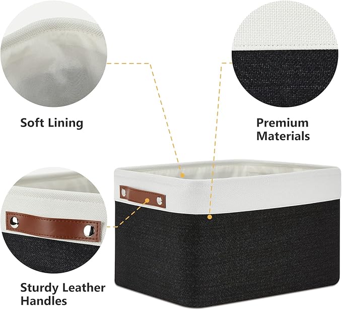 DULLEMELO Canvas Storage Bin with Handles, Fabric Bins for Shelves, Bedroom, Office,Nursery,Fabric Storage Baskets for Toys, Clothes,Gift(3-Pack Medium-15 inch X 11 inch X 9.5 inch , White&Black)