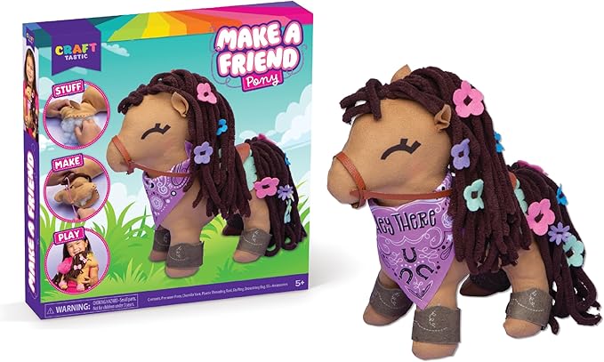 Craft-tastic - Make a Friend Pony - Mini Sewing Kit, Arts and Crafts, Kids Crafts, Art Supplies, Craft Kit Makes 1 Easy-to-Sew Stuffie with Clothes & Accessories, Bonus Travel Tote Included Ages 5+