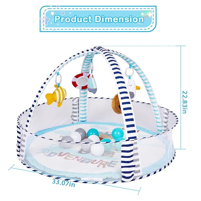 Baby Play Mat, 4-in-1 Baby Play Gym Tummy Time Mat with Ball Pit and 5 Detachable Toys for Newborn to Develop Sensory Exploration and Motor Skill 0-6-12 Months