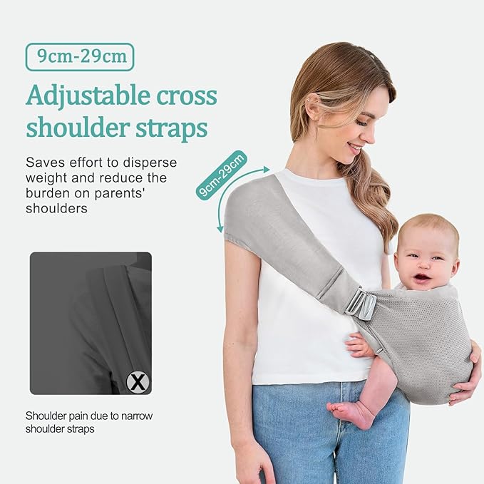 Baby Sling Carrier,Baby Carrier Newborn to Toddler,Toddler Carrier,Portable Lightweight & Spreadable Shoulder Straps (Light Grey)