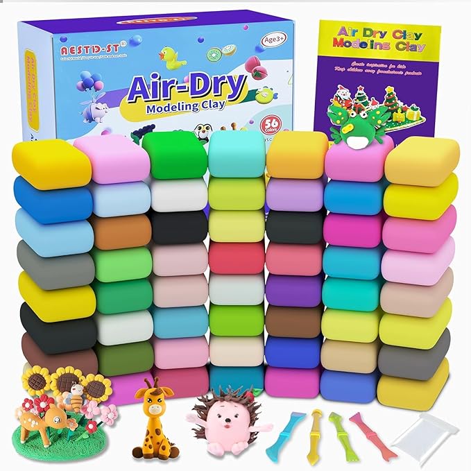 Air Dry Clay 56 Colors, Modeling Clay for Kids, DIY Model Magic Clay, Molding Clay Kit with Sculpting Tools, Non-Sticky Soft and Super Light, Arts and Crafts Gift for Boys Girls Kids.