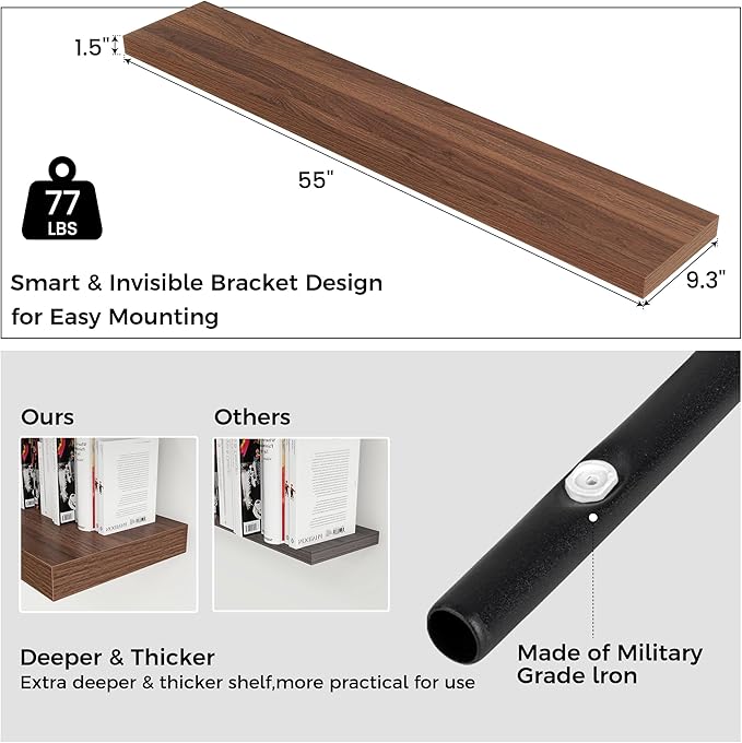 Floating Shelves for Wall, Large Wall Mounted Shelves with Invisible Brackets, Long Wood Floating Shelf for Living Room, Bedroom, Kitchen, (Walnut, 55" W x 9" D x 1.5" H)