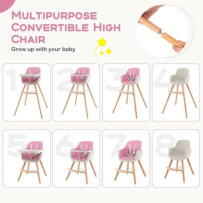 BABY JOY Convertible Baby High Chair, 3 in 1 Wooden Highchair/Booster/Chair with Removable Tray, Adjustable Legs, 5-Point Harness, PU Cushion and Footrest for Baby, Infants, Toddlers (Pink)