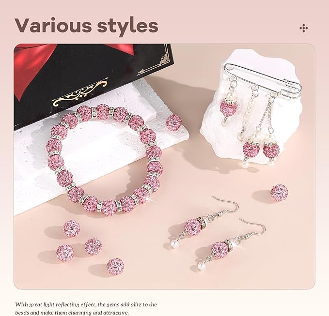 200pcs 10mm Rhinestone Beads for Jewelry Making, Pink Shiny Round Disco Ball Beads Bulk, Sparkle Crystal Clay Christmas for Bracelet Baseball Necklace Earring Crafting and DIY