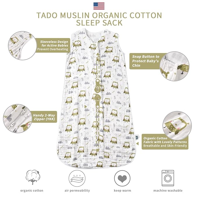 Baby Sleep Sack 2-4 T Baby Wearable Blanket 100% Organic Cotton 0.5 TOG Toddler Sleeping Sack 2- Way Zipper Soft Lightweight X-Large Owl