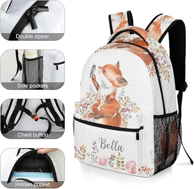 Cute Fox Little Bird Custom Kids Backpack 16.5 Inch for Boy Girl, Personalized Waterproof Child School Travel Bag with Name Option5