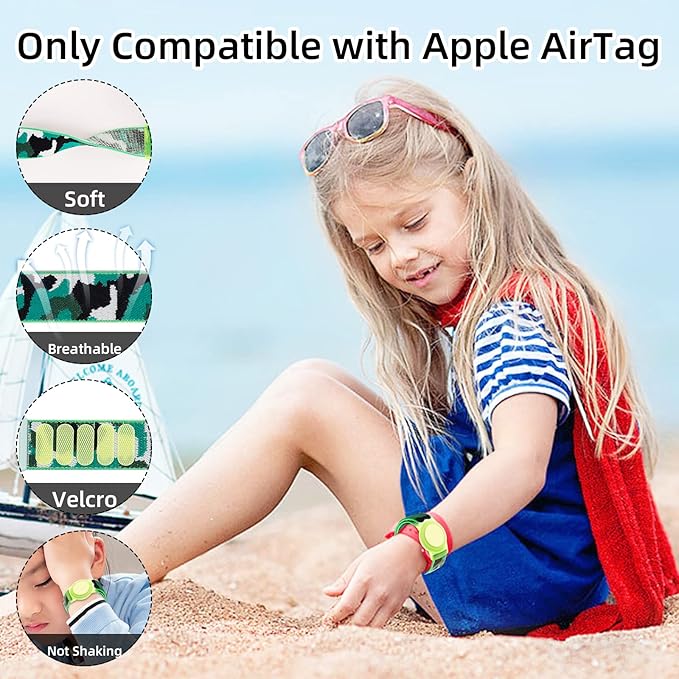 Compatible with Apple AirTag Bracelet for Kids, Camo Nylon Air Tag Wristband, Protective Case for Airtag GPS Tracker Holder, Adjustable Anti Lost Watch Band for Toddler Child Elder (Dark Green)