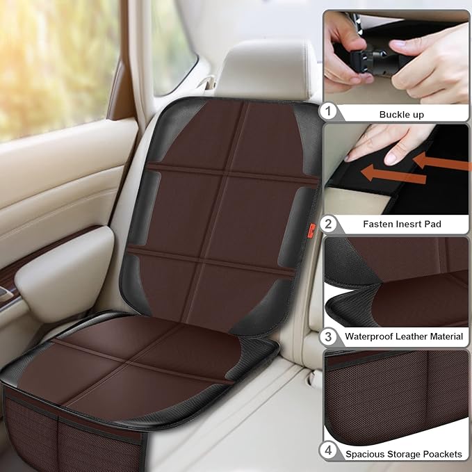 Car Seat Protector,2 Pack Automotive Seat Protectors Baby Carseat Pad Waterproof & Durable 600D Fabric for Child Baby Car Seat Mat Vehicle Pet Cover 2 Storage Pockets (Brown)