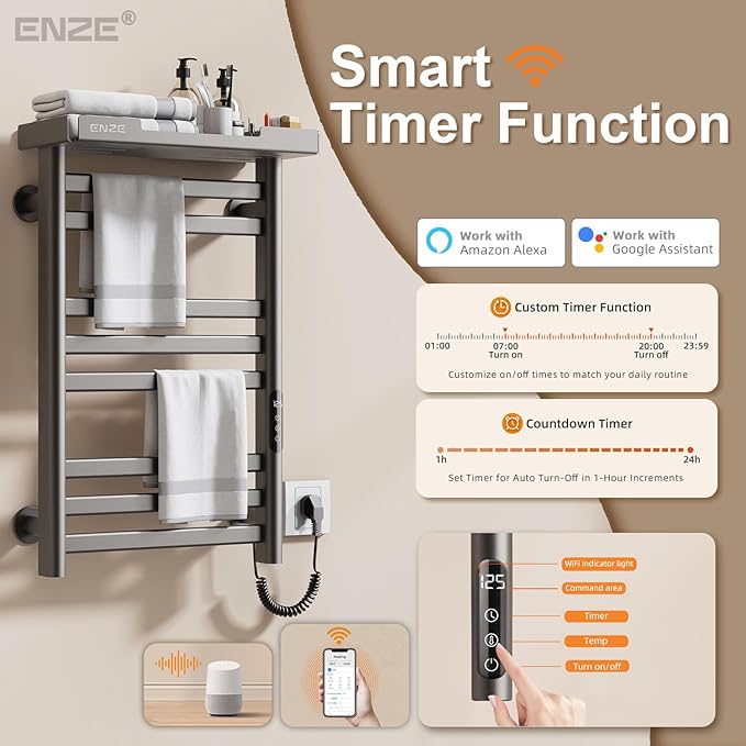 ENZE Heated Towel Rack with Shelf and Wi-Fi App Control, 8 Bars Electric Wall Mounted Towel Warmer with Timer & Adjustable Temperature, Low Carbon Steel, Plug-in/Hardwired, Gray