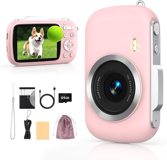 Digital Camera 4K 64MP - Vlogging Camera for Kids & Beginners | 18X Zoom Point and Shoot Camera Anti Shake, Compact with Flash, Gift for Boys Girls(Pink+Silver)