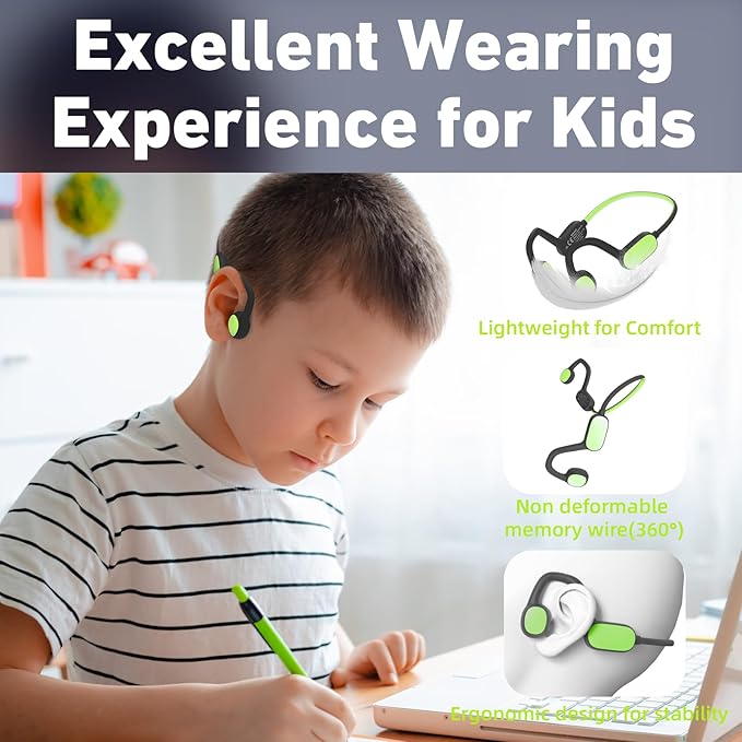 Kids Headphones, Bluetooth 5.2 Air Conduction Open Ear Headphones, 85dB Volume Limiting-Green