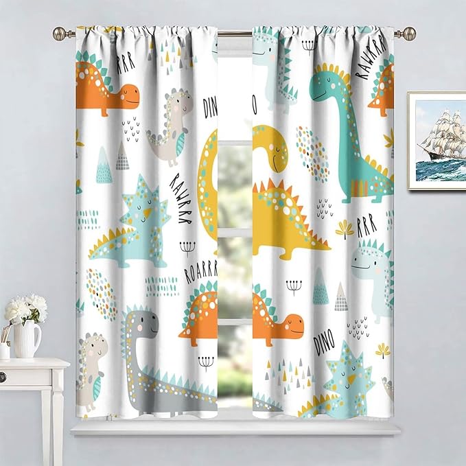 Dinosaur Curtains for Kids Boys Girls Home Decor Childish Cute Dino Animals Print Pattern Rod Pocket Blackout Window Drapes for Nursery Baby Bedroom Playroom W42xL84in 2 Panels
