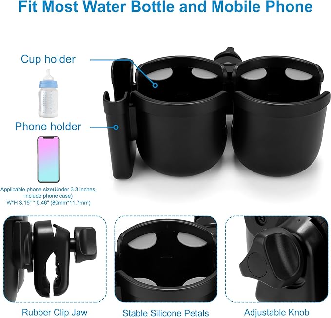 Accmor Stroller Cup Holder with Phone Holder, Bike Cup Holder, Universal Cup Holder for Uppababy Nuna Doona Strollers, 2-in-1 Cup Phone Holder for Stroller, Bike, Wheelchair, Walker, Scooter