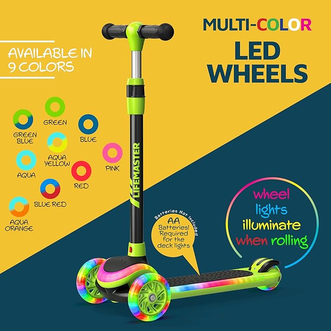 3-Wheel Kids Scooter with Multi-Color Lights on Deck & Wheels – 5-Height Adjustable Handlebar, Wide Anti-Slip Deck, Child Safety Certified, Boys & Girls Ages 3+ Supports Up to 150 lbs