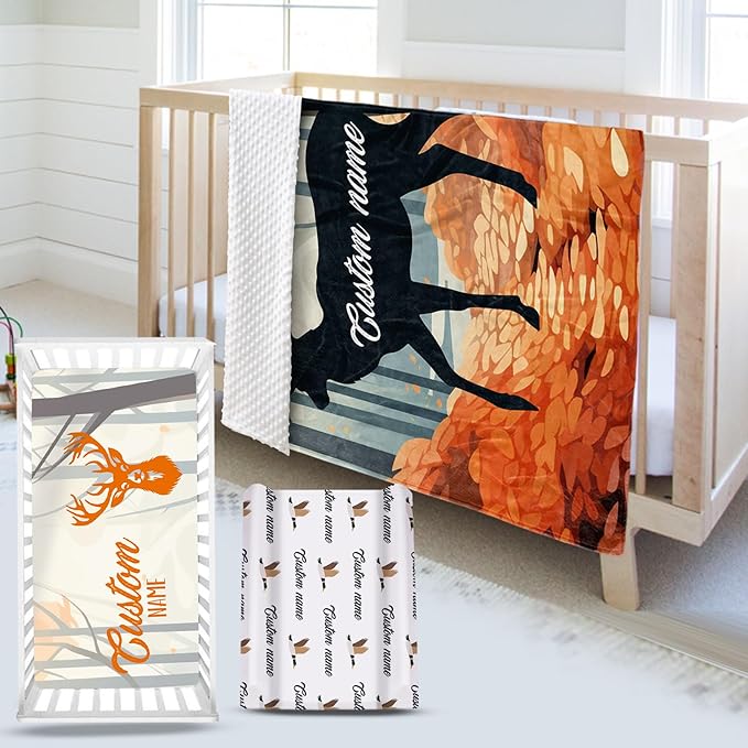 Custom Name Crib Bedding Set - Orange Sika Deer Pattern, Personalized Nursery Bedding 3-Piece Set– Soft Blanket, Fitted Sheet, Changing Pad Cover – for Newborns Girls Nursery Gifts
