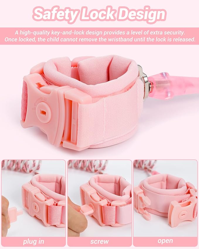 Dr.meter Anti Lost Wrist Link, 2 Pack Toddler Safety Leash with Key Lock, Reflective Child Walking Harness - Dual 8.2ft Length Pink & Green Kids Leash for Boys and Girls Outdoor Essencial