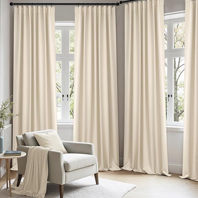 ANRODUO Back Tab Blackout Curtains for Bedroom Living Room, Rod Pocket Pinch Pleated Thermal Insulated Room Darkening Curtains 63 Inches Long 2 Panels, Cream Beige, 42 x 63 Inch