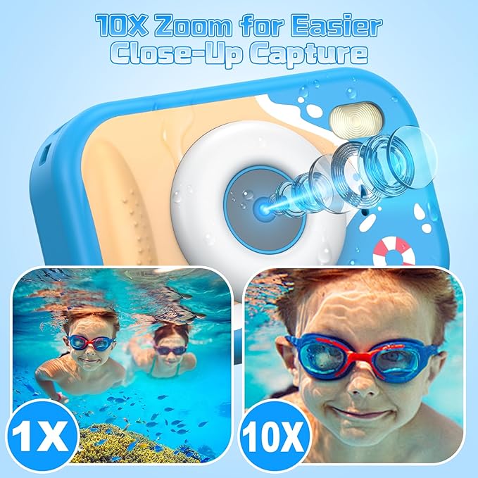 Kids Camera Waterproof, IP68 Underwater Camera for Kids Aged 3-12, HD Kids Digital Camera with 1080P Video Recording, Durable ABS Material, Pool Toys for Boys Girls with 32GB Card(Blue)
