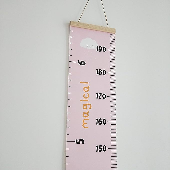 Kids Growth Chart, Wood Frame Fabric Canvas Height Measurement Ruler from Baby to Adult for Child's Room Decoration 7.9 x 79in (7.9 x 79in, Pink - Cloud)