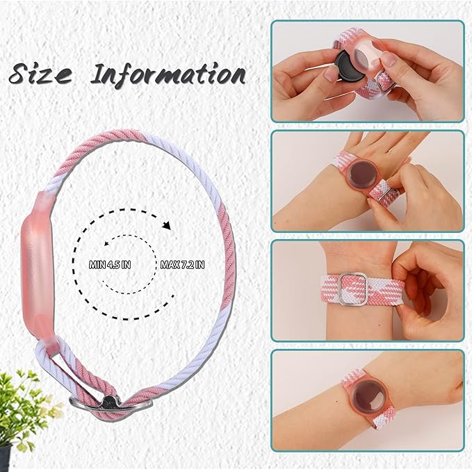 Kids Bracelet Compatible with AirTag, GPS Kid Tracker Holder Braided Wristband for Apple Air Tag, 2022 Upgraded Nylon Adjustable Anti Lost Airtag Watch Band for Kids Children Elders (White Pink)